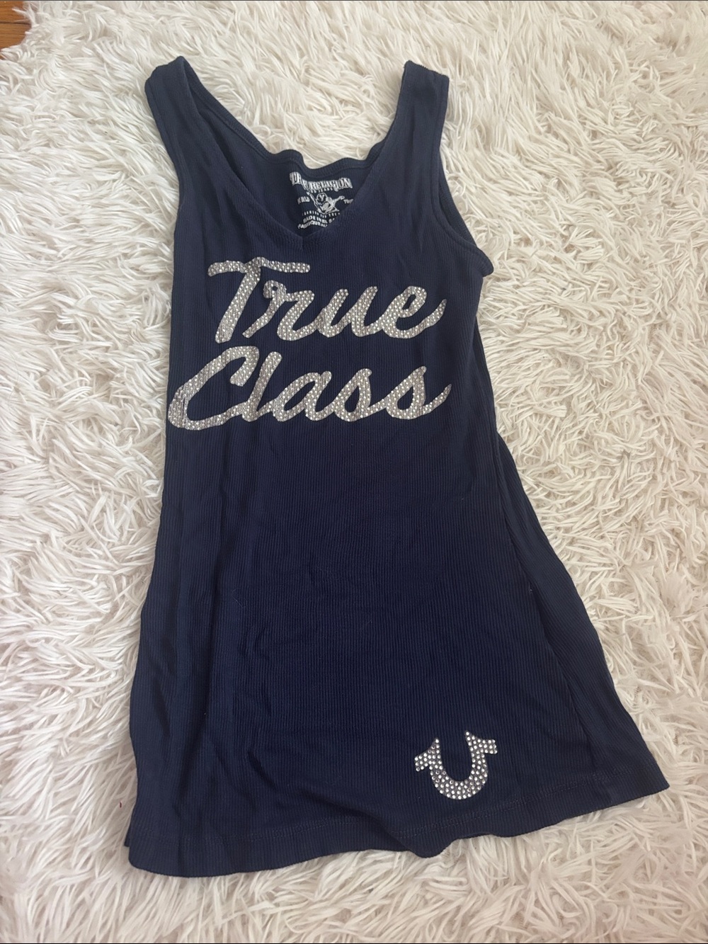 True Religion Navy Tank with Rhinestone 'True Class' Script